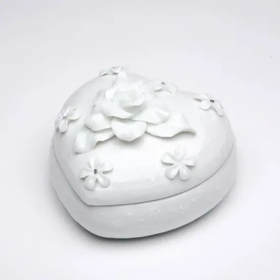 Ceramic White Heart Shaped Jewelry Box with Rose Flower, Wedding Décor or Gift, Anniversary Décor or Gift, Home Décor, Vanity Decor {2}