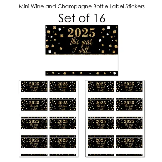 Big Dot of Happiness New Year's Eve - Gold - Mini Wine & Champagne Bottle Label Stickers - 2025 New Years Eve Resolution Party Favor Gift ​- Set of 16 {7}
