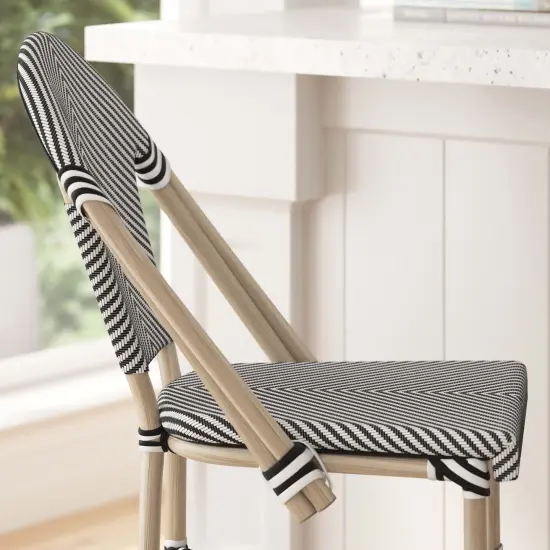 Merrick Lane Mael Set of Two Stacking Bistro Style Bar Stools with Textilene Backs and Seats and Metal Frames for Indoor/Outdoor Use Black/Natural Frame {9}