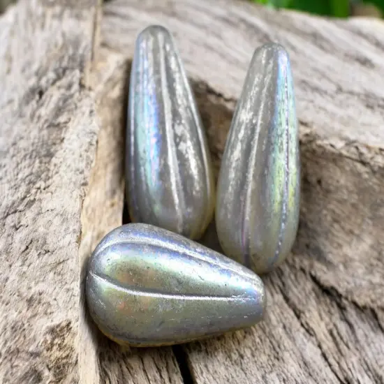 *6* 22x11mm Silver Mercury Washed Grey Opaline AB Melon Drop Beads {2}