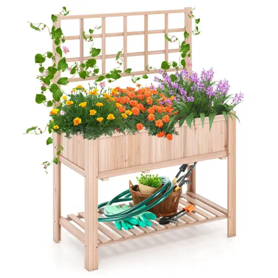 Costway Raised Garden Bed Elevated Wooden Planter Box with Trellis & Open Storage Shelf {1}