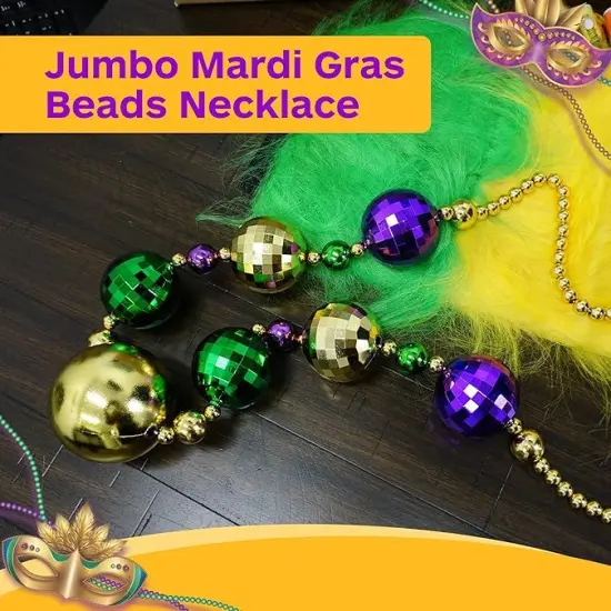 4E's Novelty Mardi Gras Jumbo Bead Necklace Purple Gold Green Huge Disco Ball Dress Up Necklace Accessory {3}