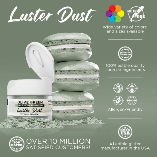 Bakell - Olive Green Luster Dust (4g, 1x Jar) Edible Vegan Dust & Paint for Baking, Desserts and Beverages {2}