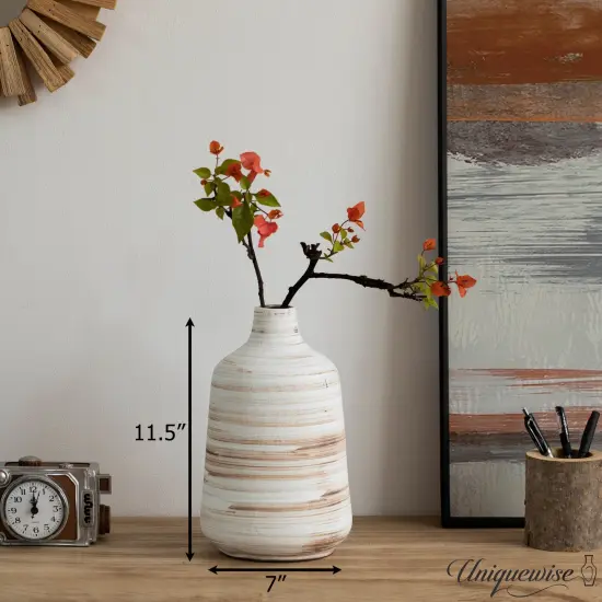 Uniquewise 11" Whitewashed Bottle-neck Decorative Pottery Flower Vase Boho Home Decor for Living Room Bedroom Kitchen Entryway & Office Rustic Centerpiece for Pampas Grass Bouquets Stems Faux Florals {2}