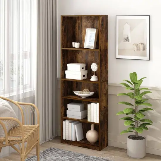 71-inch Tall 5-Shelf Bookcase in Black Wood Finish Brown {6}