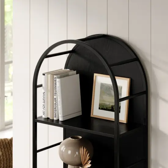 4 Tiered Black Arched Bookshelf - Stylish, Modern Home Decor - Tall Arch Bookcase - Wooden Open Arched Cabinet with Shelves - Grain Textured Laminate Arch Bookshelf with Wood Panel Backing (Black) {3}