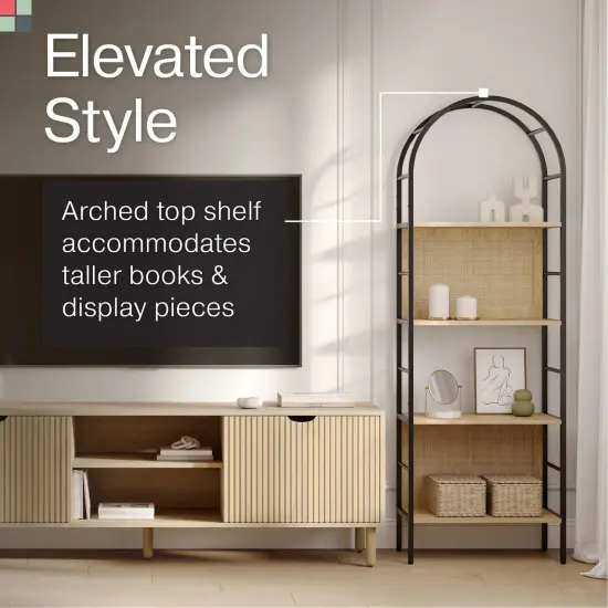 4 Tiered Arched Bookshelf with Natural Rattan Backing - Modern Home Decor - Boho Rattan Arch Bookcase - Wooden Open Arched Cabinet with Shelves - Metal and Wood Bookshelf (Light Oak) {6}