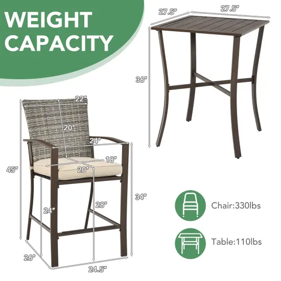 Costway 3PCS Patio Rattan Bar Furniture Set Slat Table 2 Cushioned Stools Poolside Brown {3}