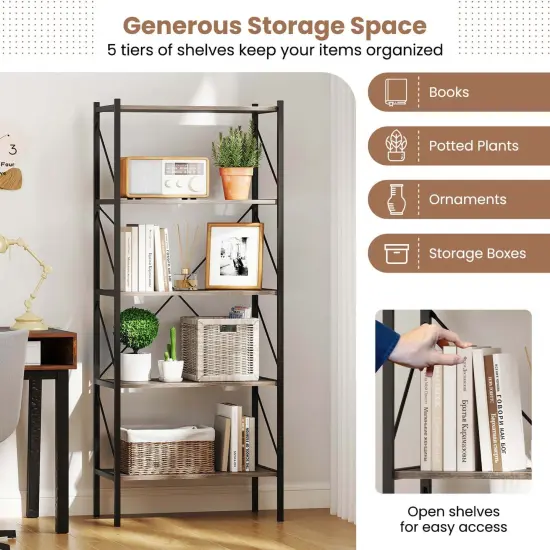 Costway 1/2 PCS 5-Tier Bookshelf, Industrial Tall Bookcase with Open Storage Shelves & Metal Frame Oak {6}