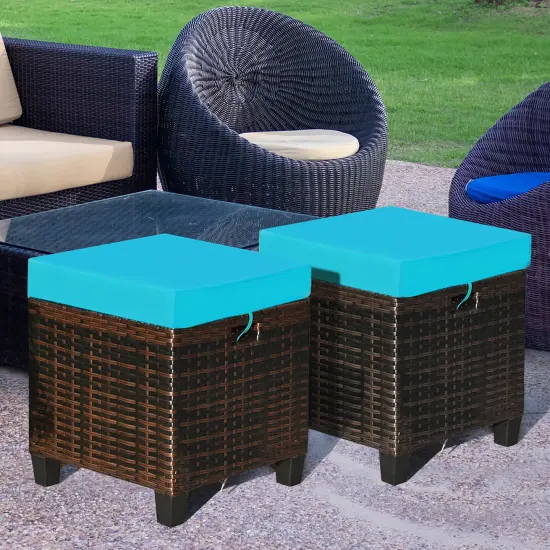 Costway 2PCS Patio Rattan Ottoman Cushioned Seat w/ Foot Rest Turquoise {1}