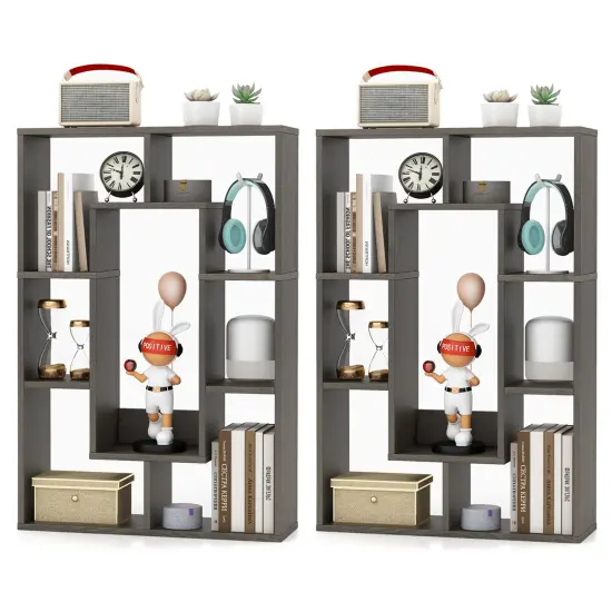 Costway 2 PCS 7-Cube Geometric Bookshelf with Anti-Toppling Device Modern Open Bookcase White/Grey/Natural {8}