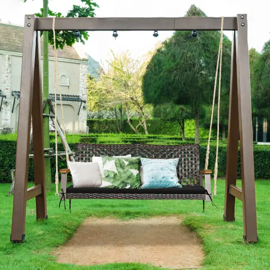 Costway 2-Person Patio Rattan Hanging Swing Chair Porch Loveseat Cushion Off {3}