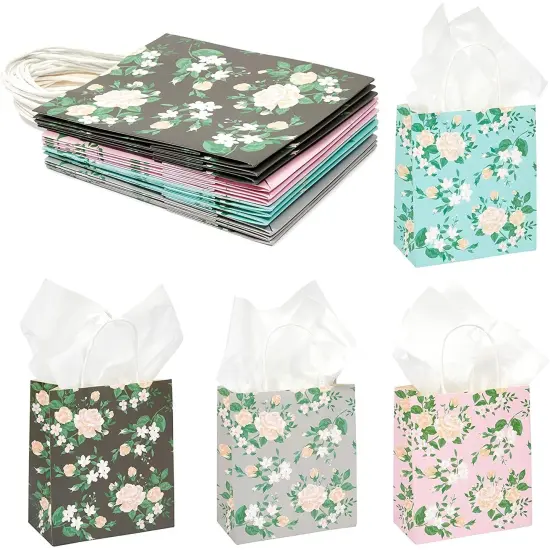 Small Floral Kraft Gift Bags with Handles in 4 Colors (8 x 9 x 4 in, 12 Pack) Multicolor {1}