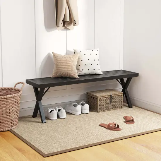 Costway 1/2 PCS 54" Patio Metal Bench with Slatted Seat & X Legs Backless Loveseat for Yard {12}