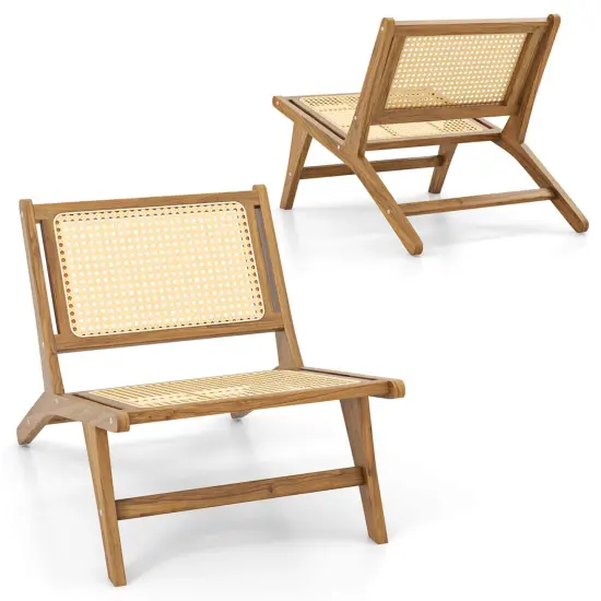 Costway 1/2 PCS Mid Century Modern Teak Wooden Chair with Handwoven Rattan Seat & Backrest {8}