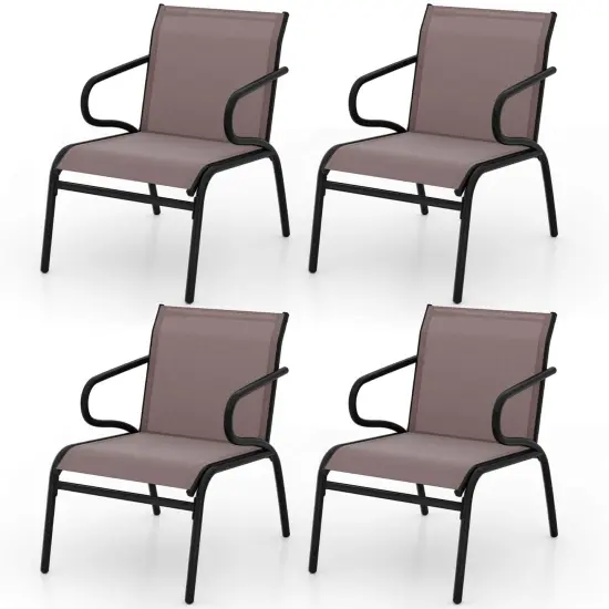 Costway Patio Chairs Set of 2/4/6 with Breathable Fabric & Metal Frame Armrests for Poolside Brown/Gay {1}