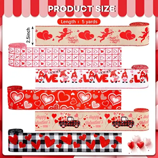 30 Yards Love Heart Ribbons Heart Pattern Wired Edge Ribbon Happy Valentine's Day Ribbons for Gift Wrap DIY Crafts Wedding Birthday Valentine's Day Party Decoration, 6 Rolls 2.5 Inch {5}