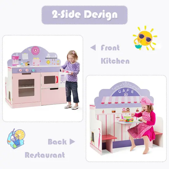 Costway 2 in 1 Kids Play Kitchen & Cafe Restaurant Wooden Pretend Cooking Playset Toy {6}