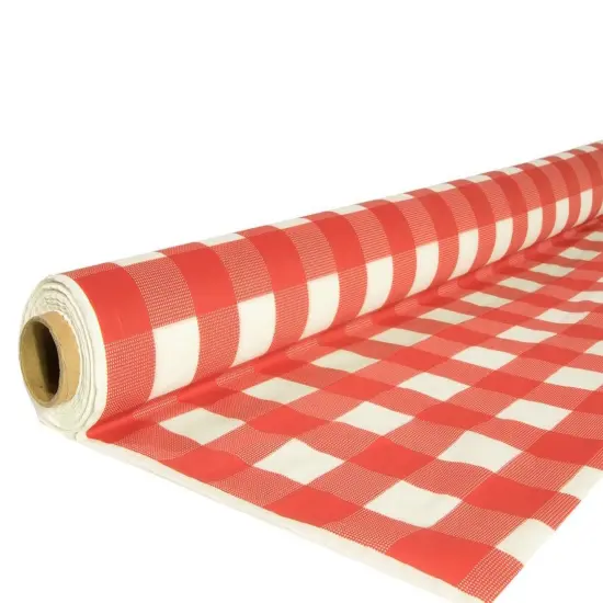 Exquisite Plastic Table Cover Roll &ndash; 40" x 100' Disposable Tablecloth Roll &ndash; Premium Thick 0.5 MIL Plastic Banquet Roll &ndash; Party Table Cover Roll for Events & Catering Red Gingham {2}