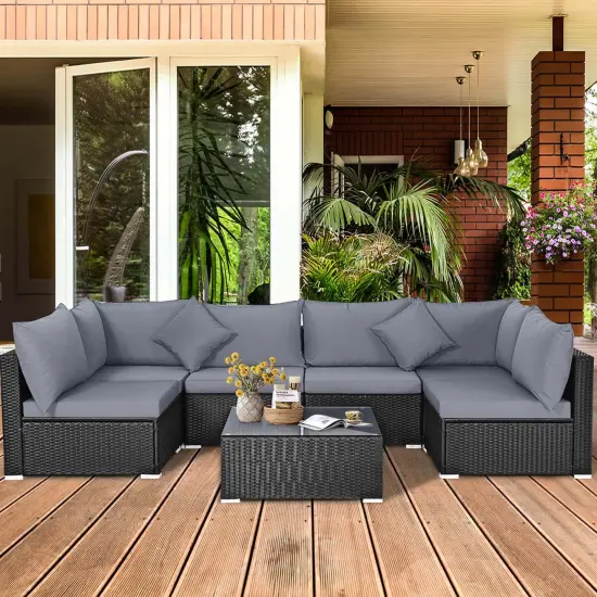Costway 7PCS Patio Rattan Sofa Set Sectional Conversation Furniture Set Garden Beige/Navy/Gray {5}