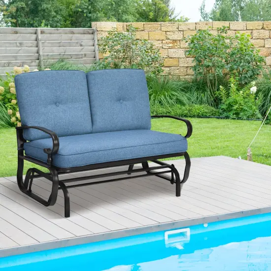 Costway Glider Outdoor Patio Rocking Bench Loveseat Cushioned Seat Steel Frame Blue {2}