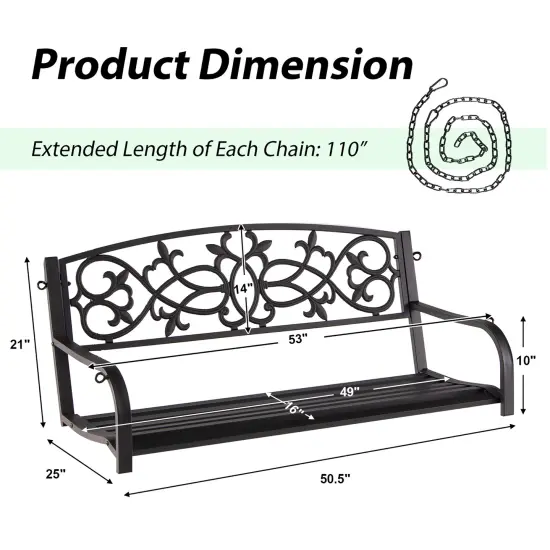Costway 2-Person Metal Outdoor Porch Swing Hanging Patio Bench 485 Lbs Capacity Black\Brown {3}