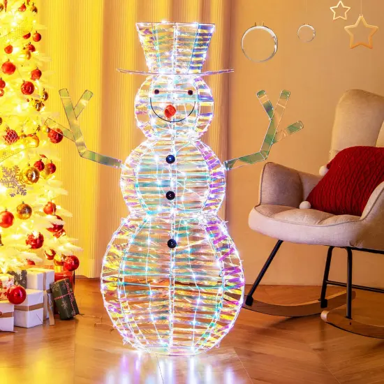 Costway 4 ft Iridescent Christmas Snowman with 100 White LED Lights Ground Stakes Zip Ties {5}