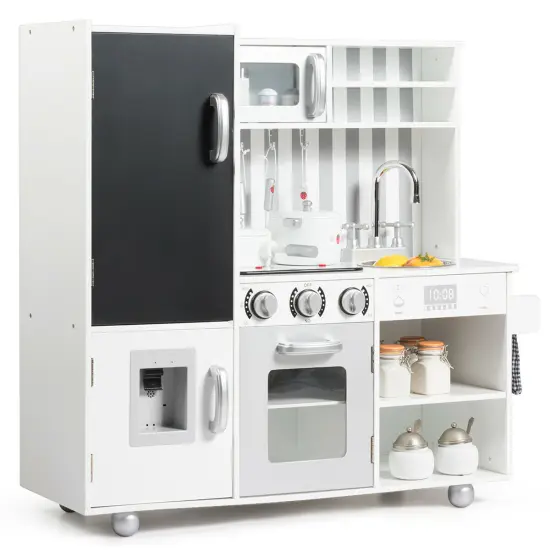 Costway Wood Kitchen Toy Kids Cooking Pretend Play Setw/ Utensils,Sounds & Wordpad White {3}