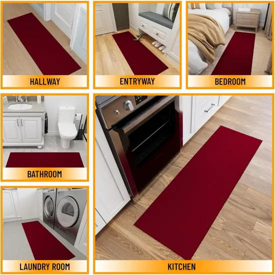 Machine Washable Modern Solid Design Non-Slip Rubberback 2x5 Traditional Runner Rug for Hallway, Kitchen, Bedroom, Entryway, 20" x 59", Red {3}