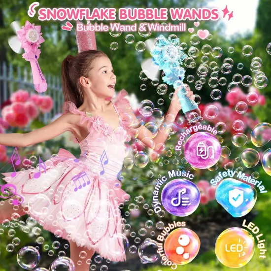 Rechargeable Bubble Wand 2 Pack for Kids Girls Boys, LED Light & Music Electric Bubble Machine Toy, Automatic Snowflake Bubble Blower Gun with 2 Windmill & 4 Bubble Solutions for Outdoor Party {2}