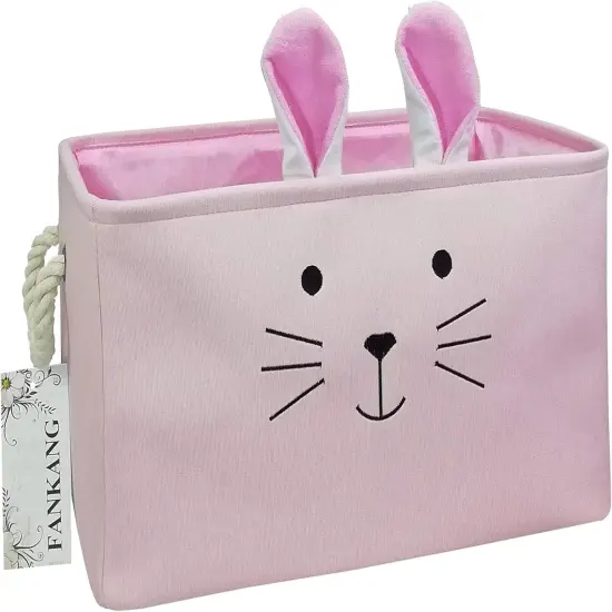 Rectangular Fabric Storage Bin Box Laundry Basket with Dinosaur Prints for Nursery Storage, Storage Hamper, Gift Baskets (Pink Rabbit) {1}