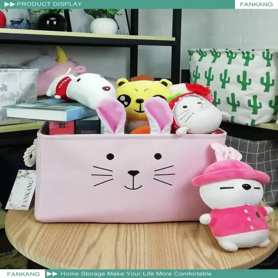 Rectangular Fabric Storage Bin Box Laundry Basket with Dinosaur Prints for Nursery Storage, Storage Hamper, Gift Baskets (Pink Rabbit) {3}