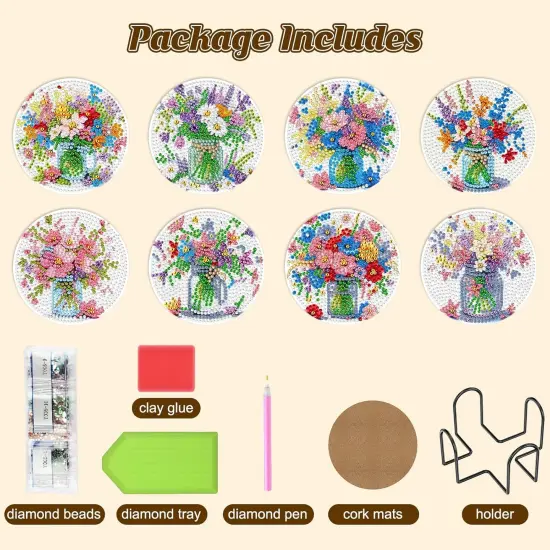 Diamond Painting Coasters Kits with Holder, Colorful Flowers Diamond Art Coasters for Adults Beginners 5D DIY Diamond Coasters, Diamond Art Painting Kits Craft Supplies {5}
