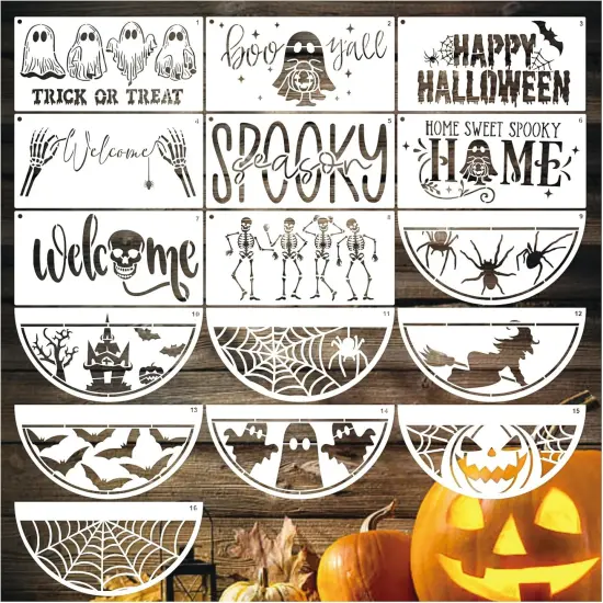 16 Pcs Halloween Stencils for Painting on Wood Reusable (16 Half Halloween) {1}