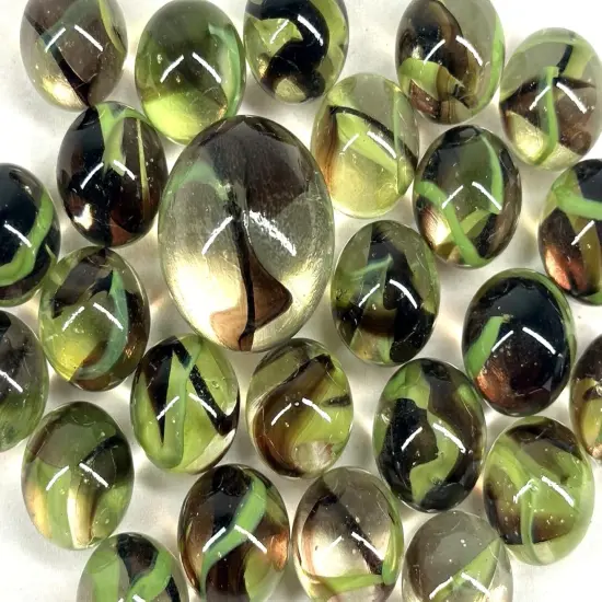 25 Glass Marbles BIGFOOT Clear/Green/Brown Shooter game Pack Swirl {4}