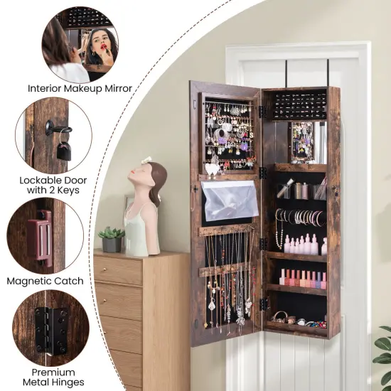 Costway Door Wall Mount Touch Screen LED Light Mirrored Jewelry Cabinet Storage White/Coffee/Black {6}