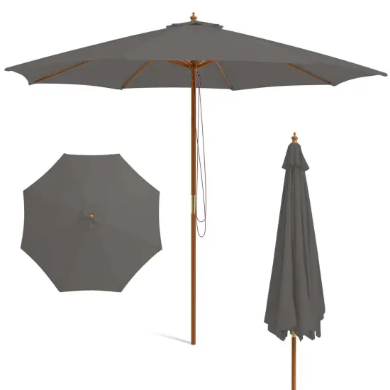 Costway 10FT Patio Wooden Market Table Umbrella Pulley with 8 Bamboo Ribs Sunshade Canopy Coffee/Gray/Navy/Wine/Beige {8}