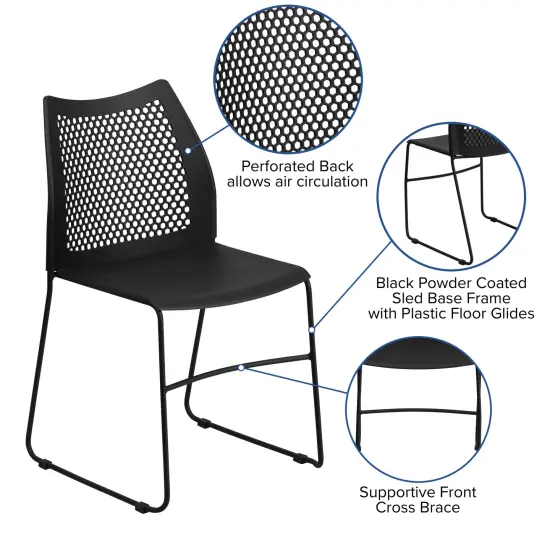 Emma and Oliver Home and Office Sled Base Stack Chair with Air-Vent Back - Guest Chair Black {3}