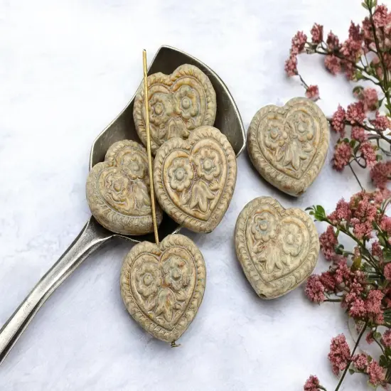 *6* 17mm Opaque Oyster Travertine Floral Heart Beads {3}