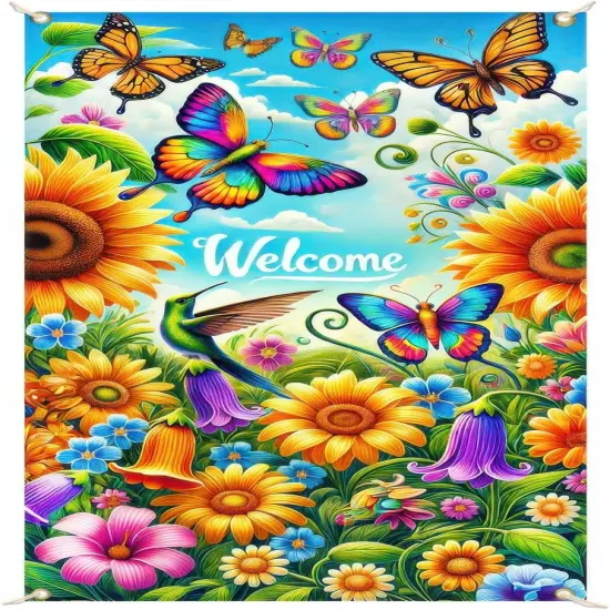 Welcome Door Cover Spring Butterfly Design Door Banner 71x35 Inch Polyester Summer Sunflower Hummingbird Decoration for Front Door Outdoor Decor {1}