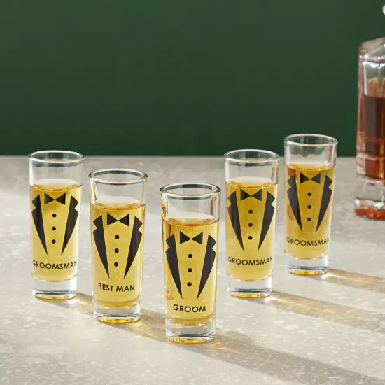 Set of 5 Groomsmen Shot Glasses with Tuxedos for Bachelor Party Decorations and Favors or Groomsmen Gifts, Wedding Shot Glasses, Heavy Base for Tequila, Whiskey, Vodka (2 oz Each) {3}