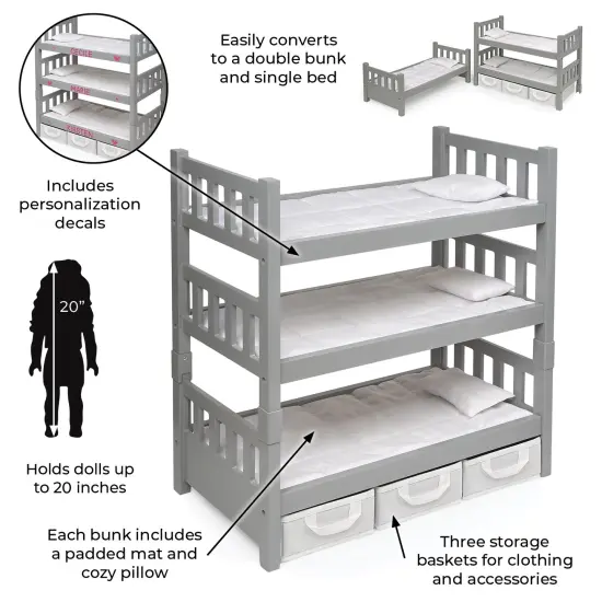 Badger Basket 1-2-3 Convertible Doll Bunk Bed with Baskets and Free Personalization Kit- Executive Gray {3}