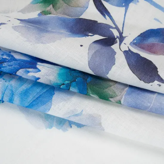 1 Yard Medium Weight Linen Fabric Wisteria Blue White Wild Roses Floral 58 inch Width {1}
