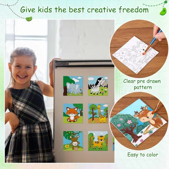 48 Pcs Pre Printed Canvas 4 x 4 Inch Kids Painting Canvas Panels Mini Pre Drawn Animal Canvas with 48 Pcs Bulk Magnets for Kids Student {3}