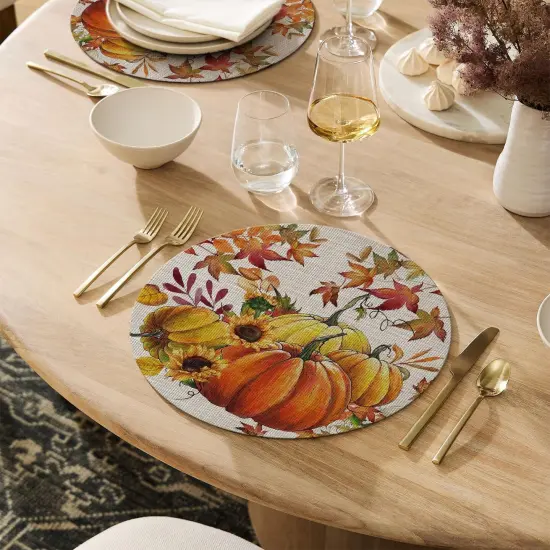 Set of 4 Pumpkins Maple Leaves Vinyl Round Fall Placemats - 14 Inch (Beige) {2}