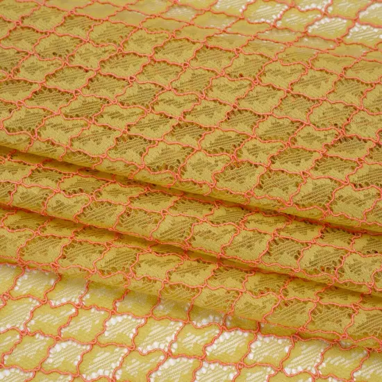 1 Yard Chartreuse Confetti Pink Corded Lace Fabric Diamond Lattice Eyelash Edge Sheer 50 Inch Width {1}