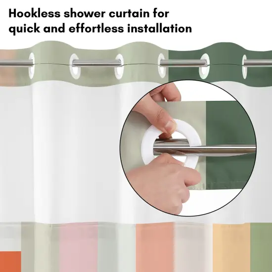 Americanflat 72x75 Hookless Shower Curtain - Abstract Pink Green Orange Shower Curtain with Sheer Panel, Snap-In Liner, and Grommets - 100% Polyester {3}