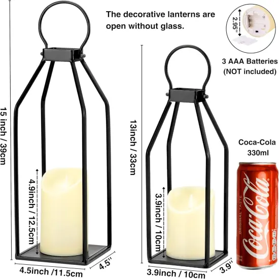 Modern Farmhouse Lantern Decor, 15'' 13'' Set of 2 Black Metal Lanterns, 2 LED 6hr Timer Flickering Flameless Candles, Lanterns Decorative for Outdoor Decor {3}