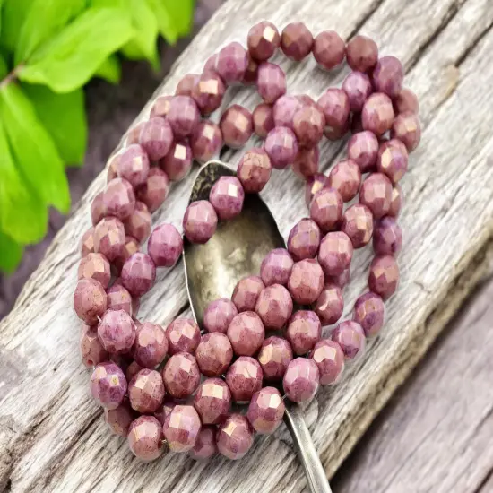 *25* 8mm Gold Lustered Opaque Mauve Fire Polished Round Beads {4}