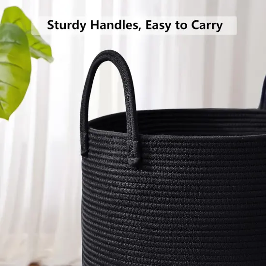Black Woven Rope Laundry Basket Hamper for Clothes Tall Modern Blanket Storage Basket in Living Room Bedroom {3}